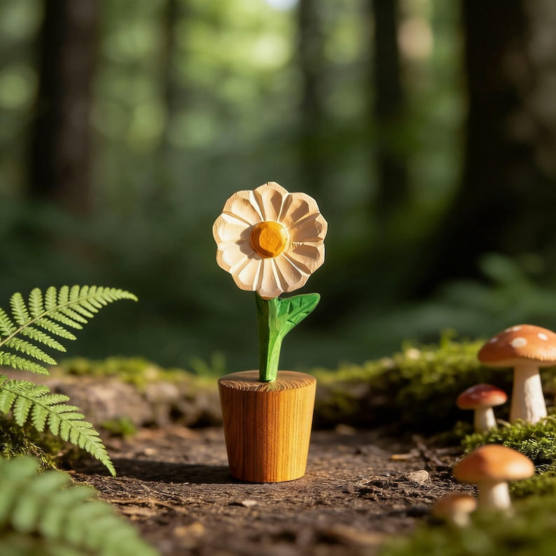 Handgeschnitzte hölzerne Gänseblümchen Dekofigur, Mini Desktop Pflanzenakzent, Cottagecore Geschenk