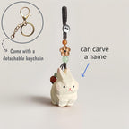 Handgeschnitzter hölzerner Kaninchen Schlüsselbund mit personalisiertem Namen, handgefertigter Taschenanhänger, Telefonkette, Auto-Charm, Geschenk