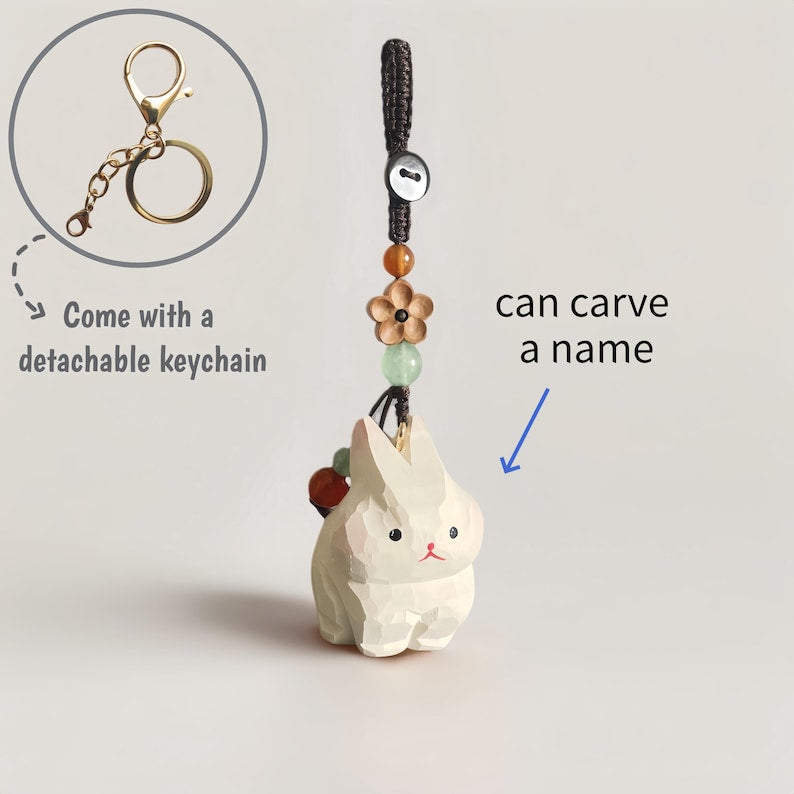 Handgeschnitzter hölzerner Kaninchen Schlüsselbund mit personalisiertem Namen, handgefertigter Taschenanhänger, Telefonkette, Auto-Charm, Geschenk