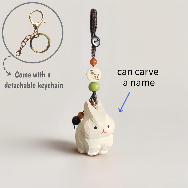 Handgeschnitzter hölzerner Kaninchen Schlüsselbund mit personalisiertem Namen, handgefertigter Taschenanhänger, Telefonkette, Auto-Charm, Geschenk