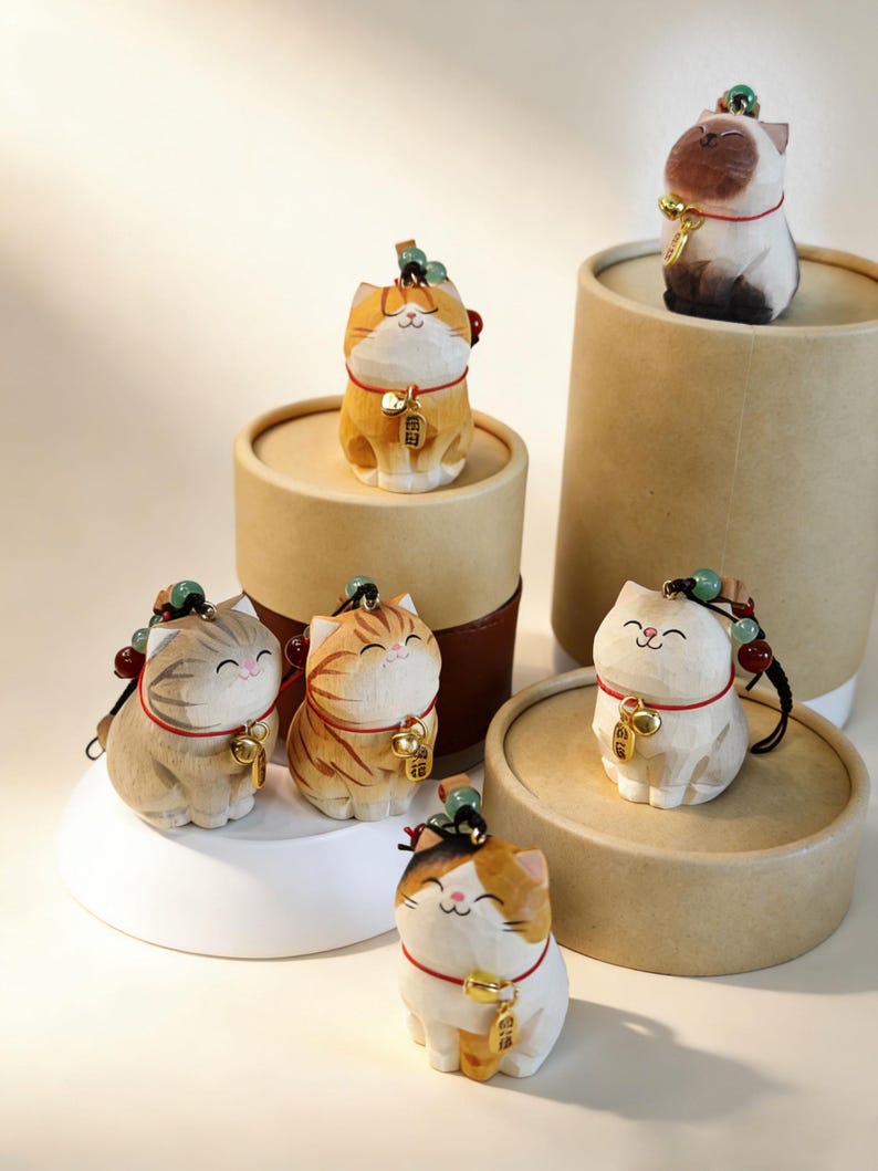 Handgefertigte hölzerne große Katze Schlüsselanhänger, Glücksbringer, Taschenanhänger, Auto-Schlüsselring, Handykette, handgemachter Schmuck für Katzenliebhaber