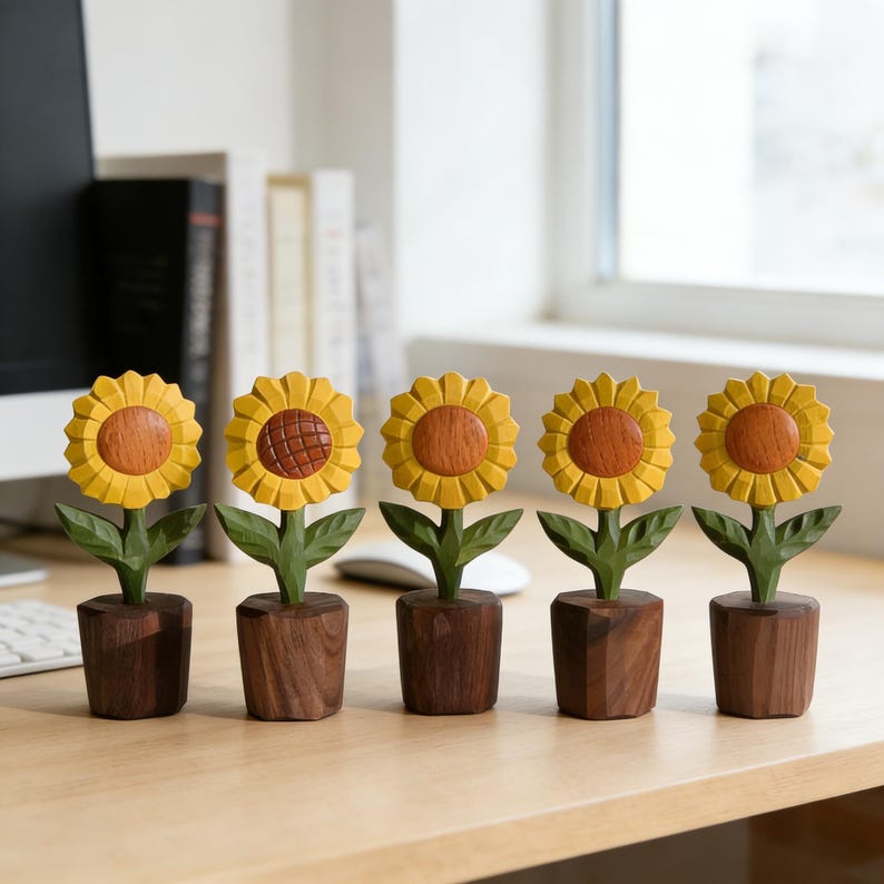 Handgeschnitzte Sonnenblumen-Holzskulptur, 14 cm, Naturmassivholz, rustikales Bauernhausdekor