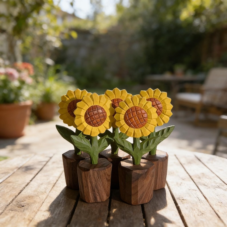Handgeschnitzte Sonnenblumen-Holzskulptur, 14 cm, Naturmassivholz, rustikales Bauernhausdekor