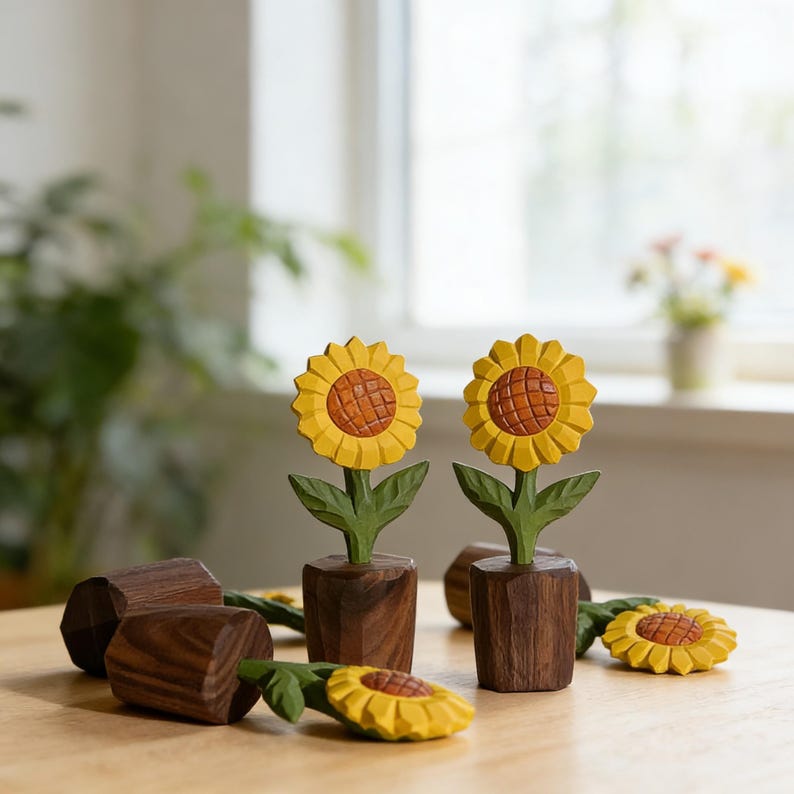 Handgeschnitzte Sonnenblumen-Holzskulptur, 14 cm, Naturmassivholz, rustikales Bauernhausdekor