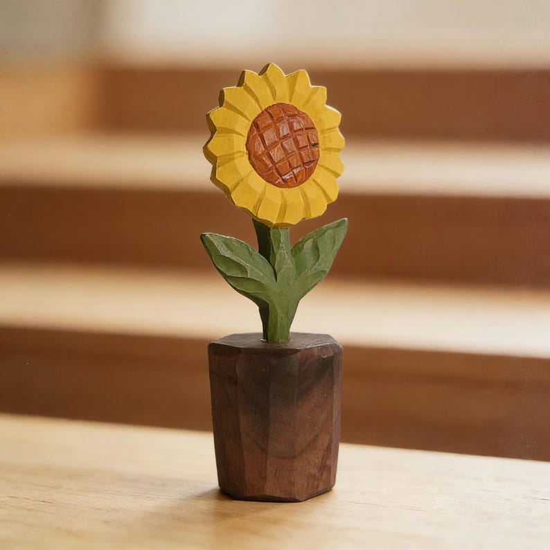 Handgeschnitzte Sonnenblumen-Holzskulptur, 14 cm, Naturmassivholz, rustikales Bauernhausdekor