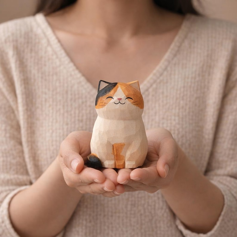 Handgefertigte Holzkatze Figurine, 5,5 cm, Skurril Tier Schreibtisch & Home Decor