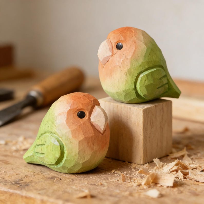 Handgefertigte Lovebird Holzskulptur Bunt Massivholz Naturholzsockel 3,64 cm