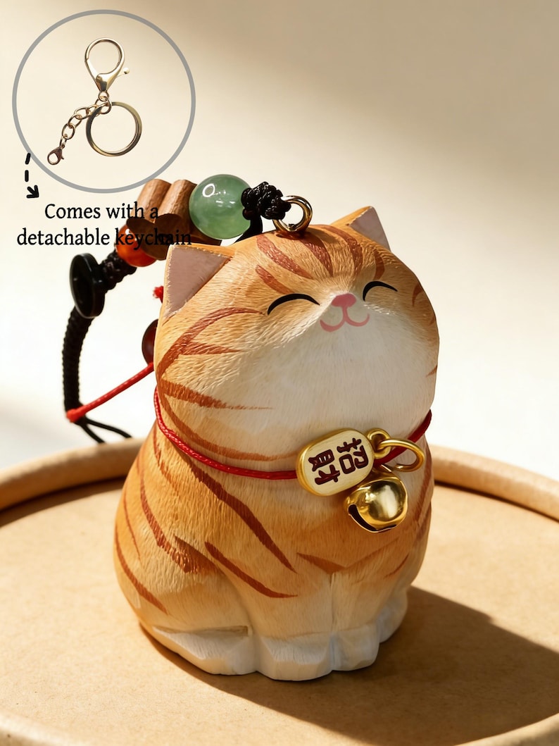 Handgefertigte hölzerne große Katze Schlüsselanhänger, Glücksbringer, Taschenanhänger, Auto-Schlüsselring, Handykette, handgemachter Schmuck für Katzenliebhaber