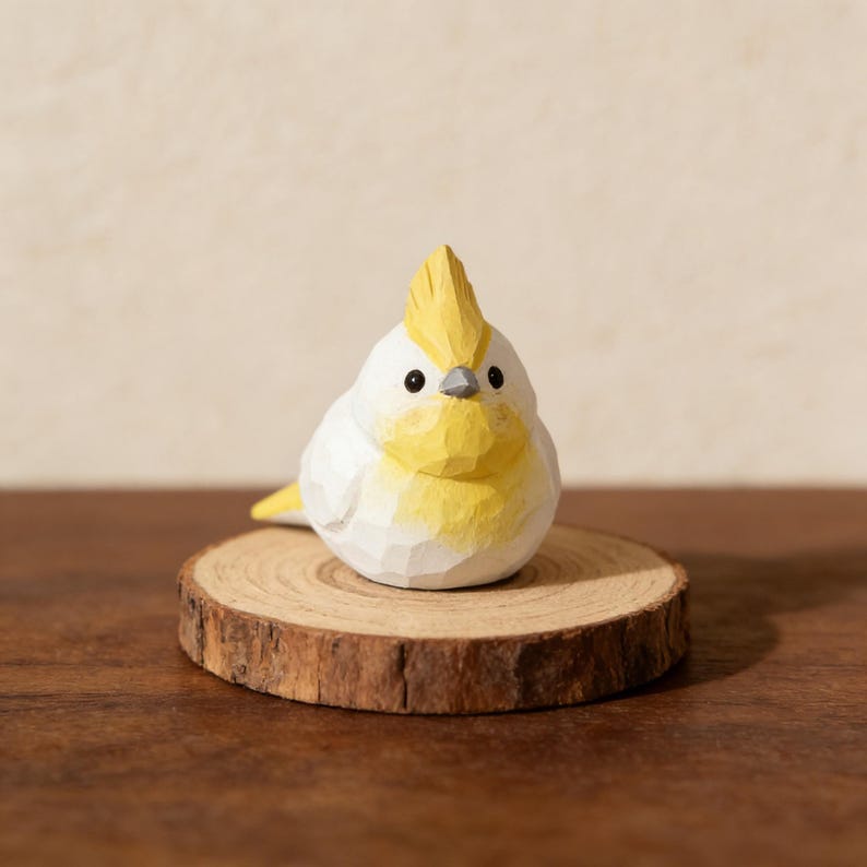 Handgeschnitzte hölzerne Vogelfigur Massivholz – Kleiner Vogel mit Haube – Schreibtisch Dekor Miniaturskulptur – Handgemachtes Geschenk
