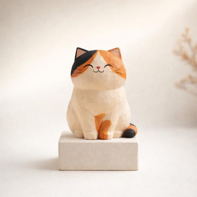 Handgefertigte Holzkatze Figurine, 5,5 cm, Skurril Tier Schreibtisch & Home Decor