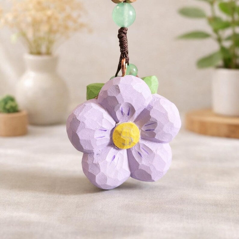Handgeschnitzter Pfirsichholz Pflaumenblüte Schlüsselbund, Naturholz Blume Charm, handgefertigter Taschen Anhänger, Auto Charm