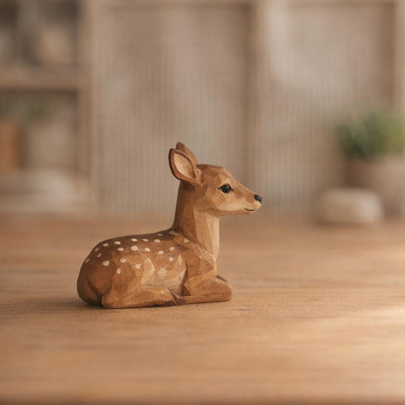 Handgeschnitzte Hirschfigur aus Holz - Rehkitz liegend - Waldorf Dekor für Kinderzimmer Regal Waldtiere