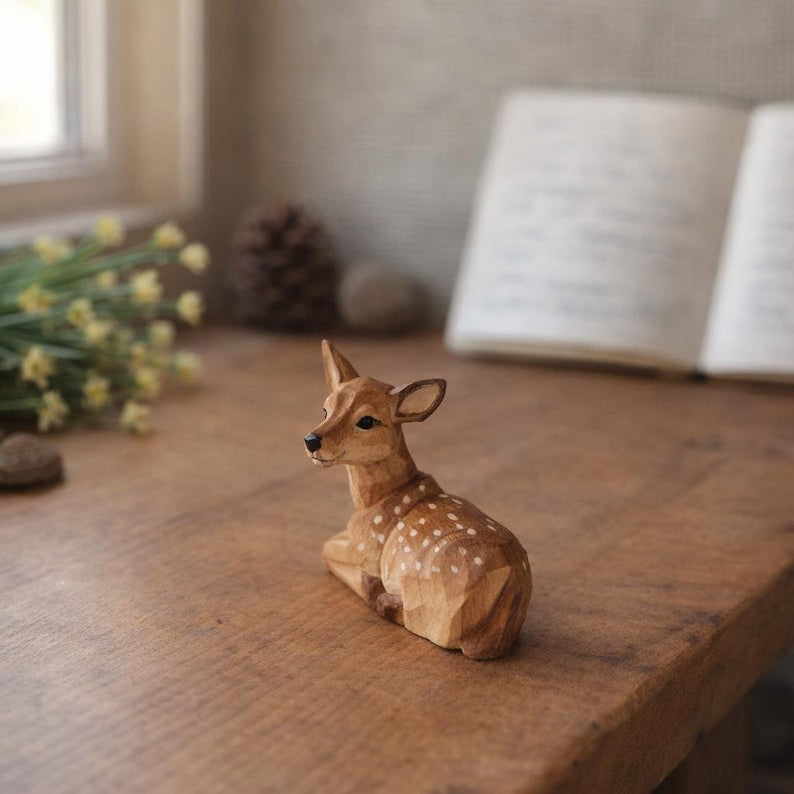 Handgeschnitzte Hirschfigur aus Holz - Rehkitz liegend - Waldorf Dekor für Kinderzimmer Regal Waldtiere