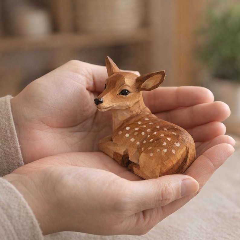 Handgeschnitzte Hirschfigur aus Holz - Rehkitz liegend - Waldorf Dekor für Kinderzimmer Regal Waldtiere