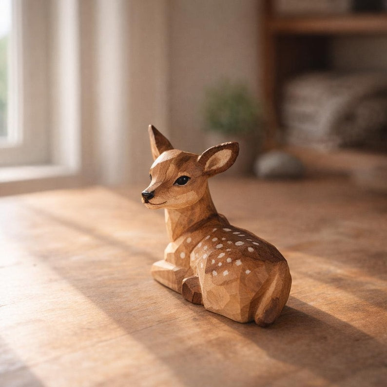 Handgeschnitzte Hirschfigur aus Holz - Rehkitz liegend - Waldorf Dekor für Kinderzimmer Regal Waldtiere