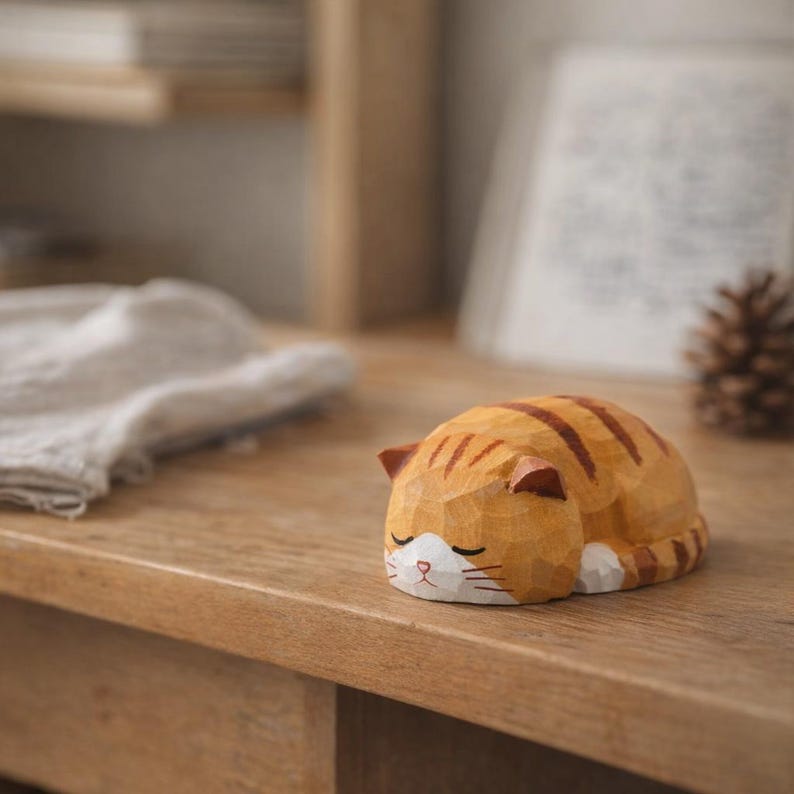 Handgeschnitzte Schlafende Katze aus Massivholz | Waldorf Montessori Dekor | 6 x 5 x 3 cm | Katzenliebhaber Geschenk