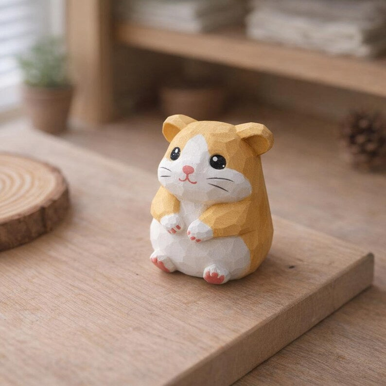 Handgeschnitzte Mini Hamster Holzfigur – Wald Dekor, Schreibtisch Ornament, 3,8 cm