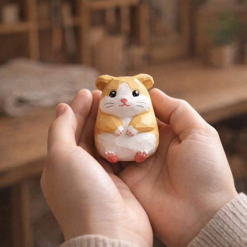 Handgeschnitzte Mini Hamster Holzfigur – Wald Dekor, Schreibtisch Ornament, 3,8 cm