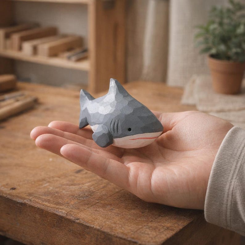 Mini Holz Hai Figur Handgeschnitzt Ozeantierdekor 5 cm Low-Poly