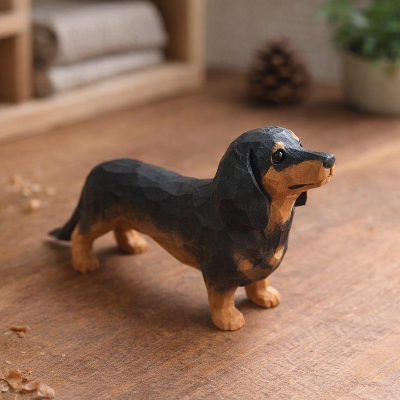 Handgeschnitzte hölzerne Dackelfigur, Schwarz & Braun, Mini Regal Dekoration