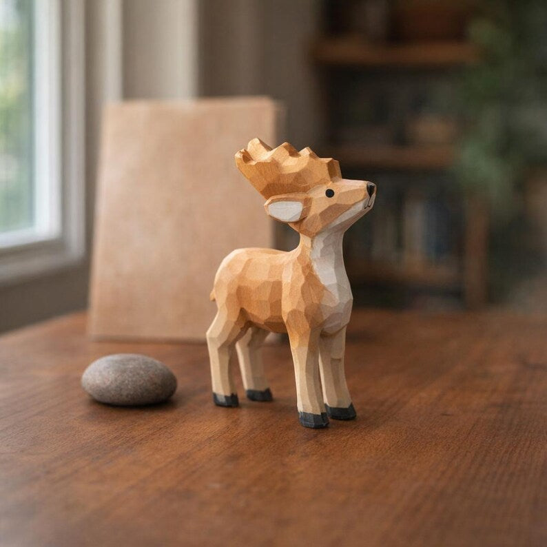 Handgeschnitzte hölzerne Hirschfigur | Kleine Holzschnitzerei Tierstatue | Rustikaler Wald Dekor | Miniatur Hirsch Ornament | Natur Geschenk