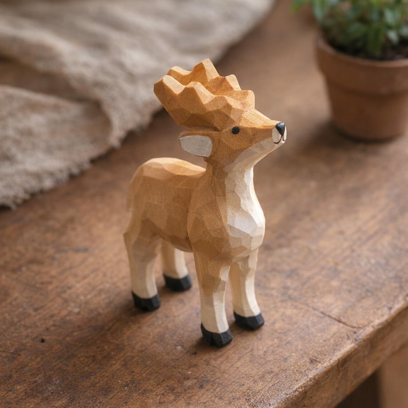 Handgeschnitzte hölzerne Hirschfigur | Kleine Holzschnitzerei Tierstatue | Rustikaler Wald Dekor | Miniatur Hirsch Ornament | Natur Geschenk