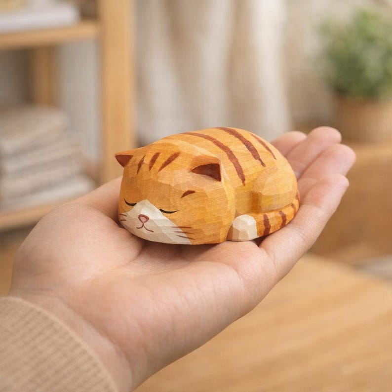Handgeschnitzte Schlafende Katze aus Massivholz | Waldorf Montessori Dekor | 6 x 5 x 3 cm | Katzenliebhaber Geschenk