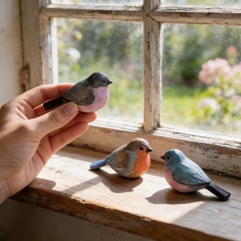 Handgeschnitzte hölzerne Vogelfigur, Miniatur, handbemalt, Cottagecore Dekoration