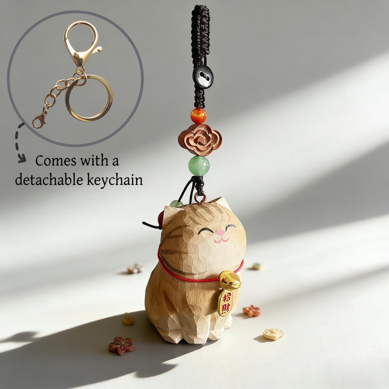 Handgeschnitzte große Katze aus Holz Schlüsselbund, handbemalte Figur, Taschenanhänger, Haustier Schlüsselbund, handgemachte Schmuckstücke