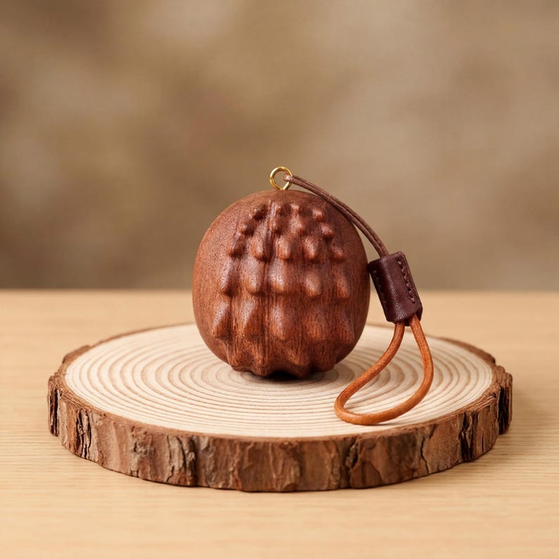 Handgeschnitzter Igel Sorgenstein aus Buchen- und Walnussholz, Zen Schreibtischfigur, Waldtier, 5,1 x 5 x 4,2 cm