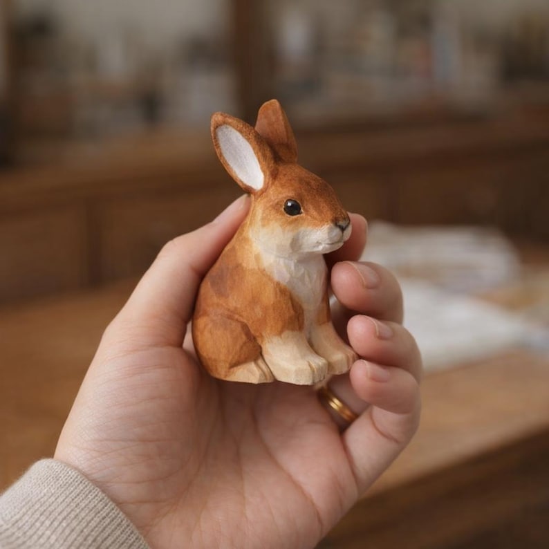 Handgeschnitzte hölzerne Häschenfigur, Mini-Kaninchenstatue, Waldtierdekor, 4,7 cm