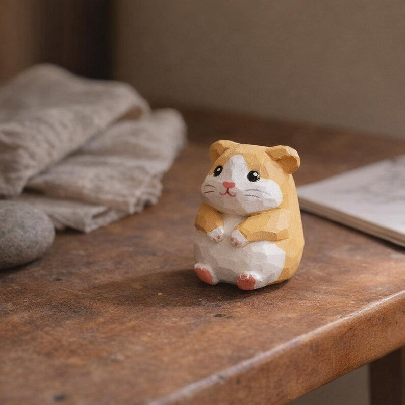 Handgeschnitzte Mini Hamster Holzfigur – Wald Dekor, Schreibtisch Ornament, 3,8 cm