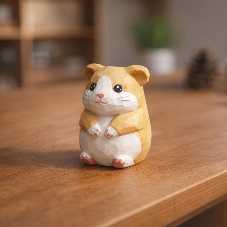 Handgeschnitzte Mini Hamster Holzfigur – Wald Dekor, Schreibtisch Ornament, 3,8 cm