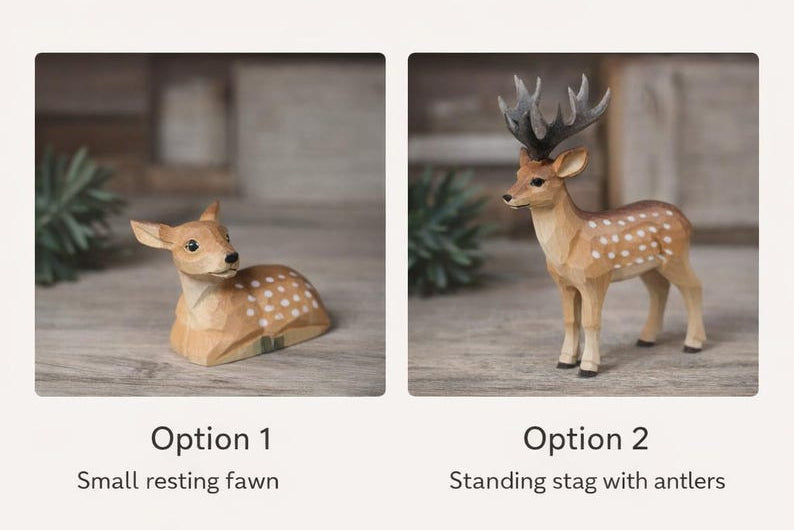 Handgeschnitztes Hirschfiguren-Set aus Holz – Ruhendes Reh, Stehendes Reh & Stehender Hirsch – Waldtierdeko für Kinderzimmerregal