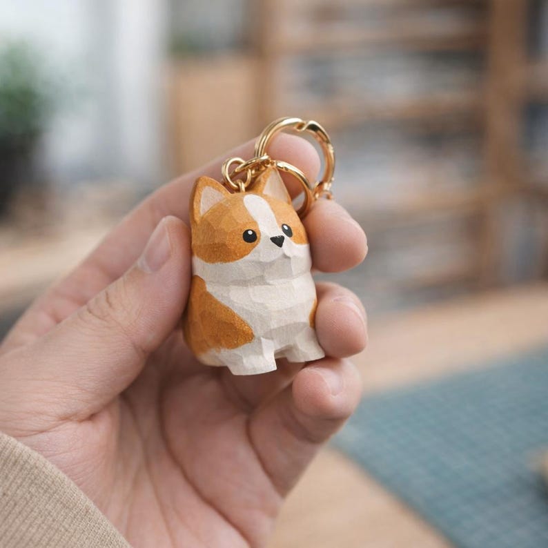 Hölzerne Corgis-Figur, handgeschnitztes Hundedekor, kleiner Schlüsselanhänger, Corgis-Geschenk