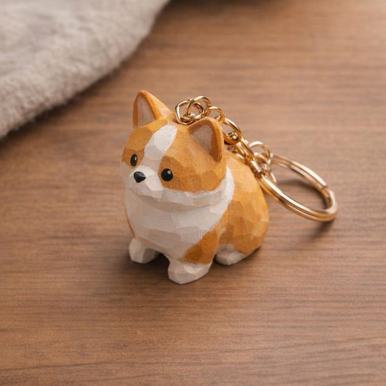 Hölzerne Corgis-Figur, handgeschnitztes Hundedekor, kleiner Schlüsselanhänger, Corgis-Geschenk