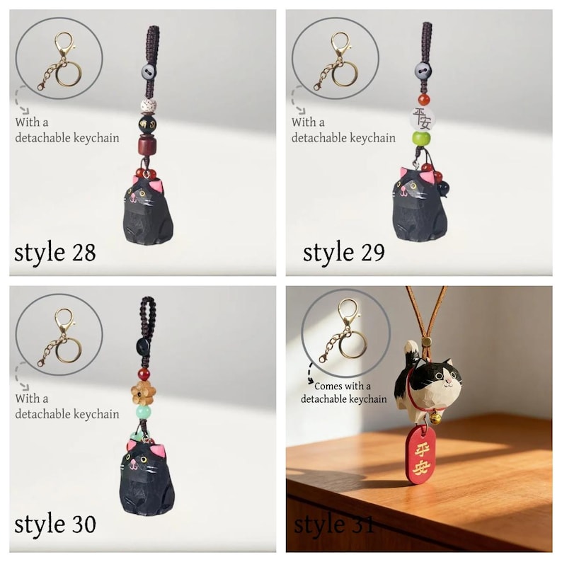 Handgefertigte hölzerne große Katze Schlüsselanhänger, Glücksbringer, Taschenanhänger, Auto-Schlüsselring, Handykette, handgemachter Schmuck für Katzenliebhaber