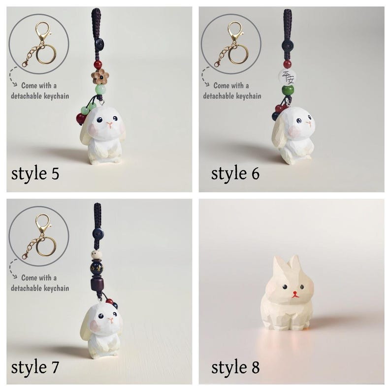 Handgeschnitzter hölzerner Kaninchen Schlüsselbund mit personalisiertem Namen, handgefertigter Taschenanhänger, Telefonkette, Auto-Charm, Geschenk