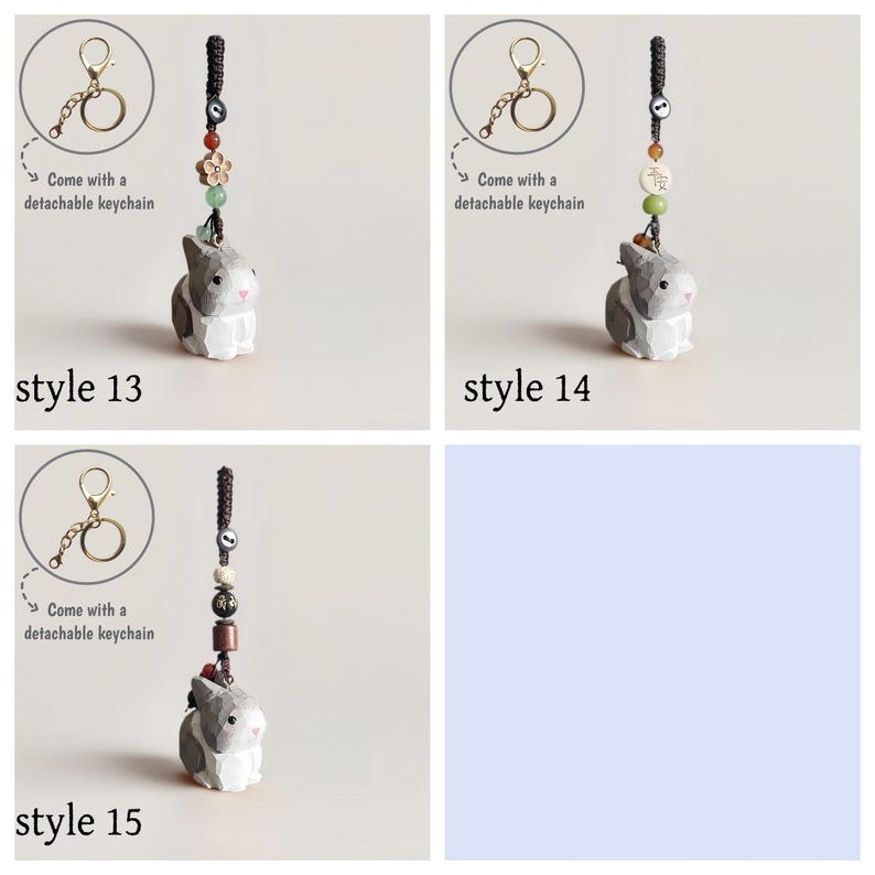 Handgeschnitzter hölzerner Kaninchen Schlüsselbund mit personalisiertem Namen, handgefertigter Taschenanhänger, Telefonkette, Auto-Charm, Geschenk