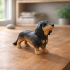 Handgeschnitzte hölzerne Dackelfigur, Schwarz & Braun, Mini Regal Dekoration