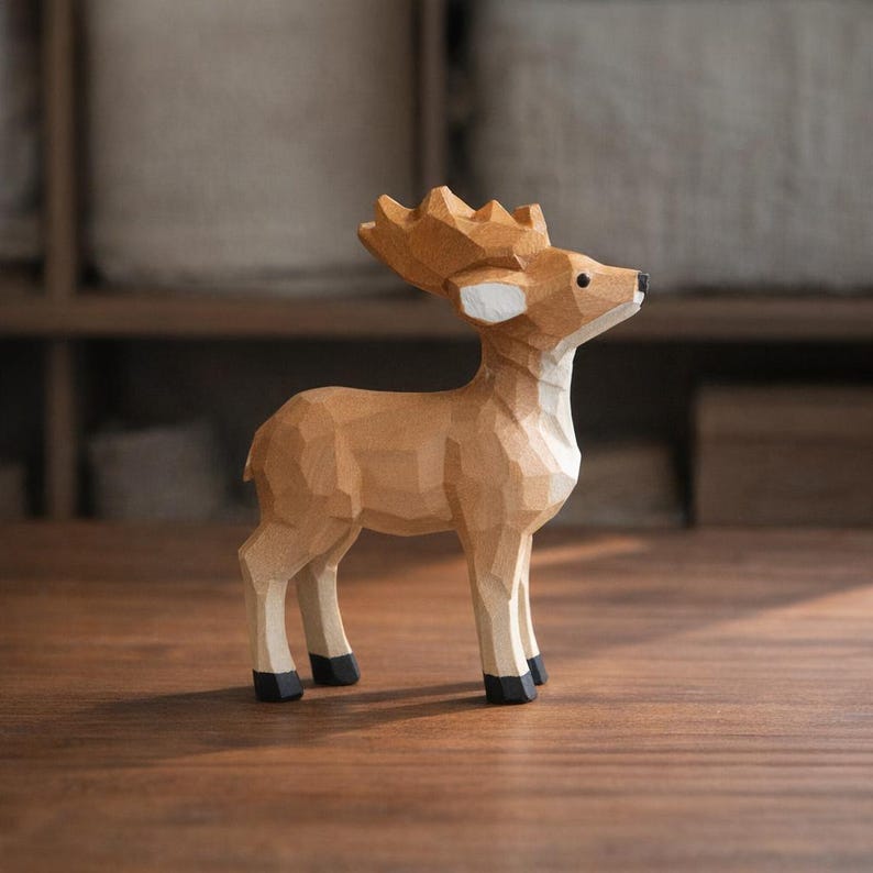 Handgeschnitzte hölzerne Hirschfigur | Kleine Holzschnitzerei Tierstatue | Rustikaler Wald Dekor | Miniatur Hirsch Ornament | Natur Geschenk