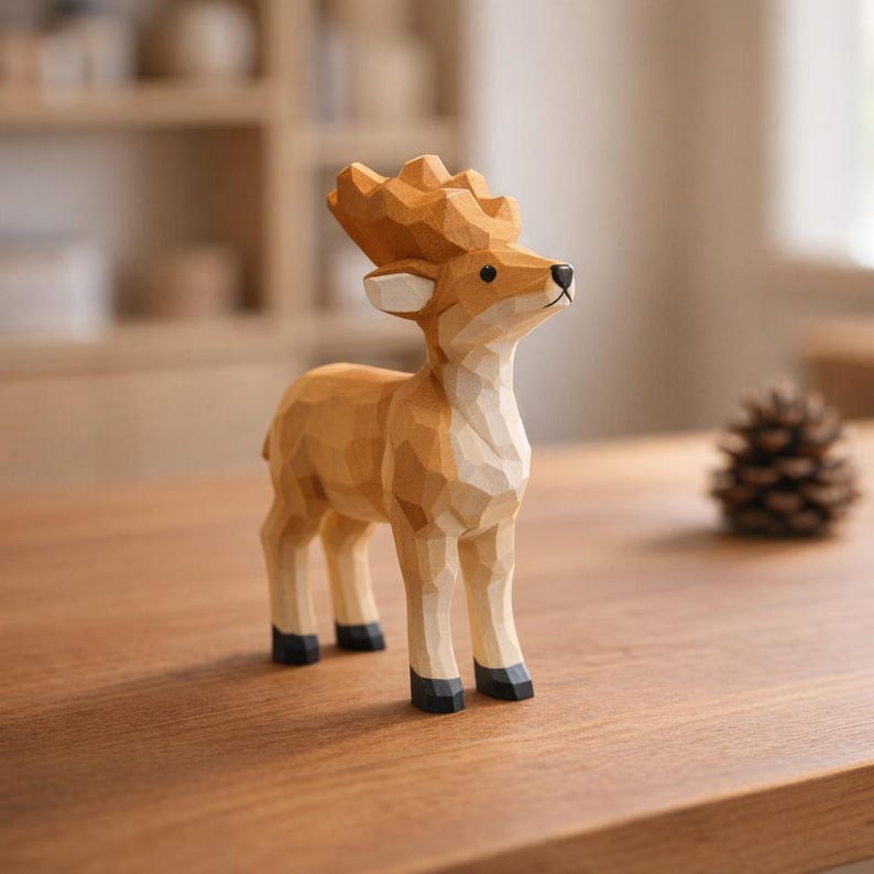 Handgeschnitzte hölzerne Hirschfigur | Kleine Holzschnitzerei Tierstatue | Rustikaler Wald Dekor | Miniatur Hirsch Ornament | Natur Geschenk