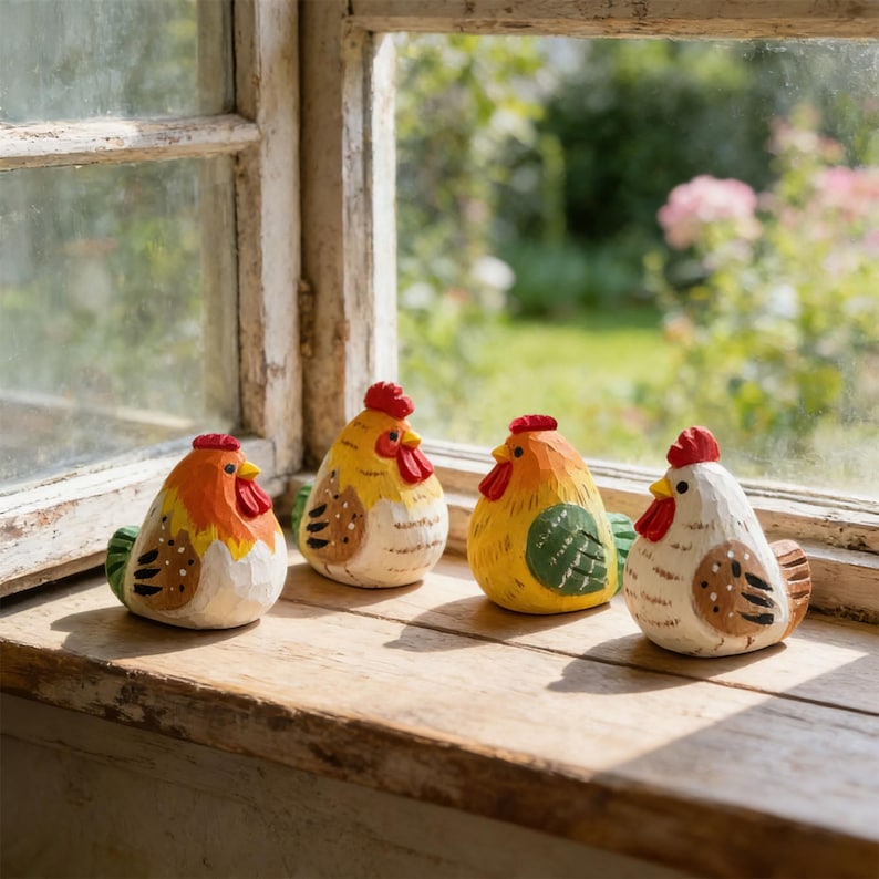 Handgeschnitzte hölzerne Hühnerfigur, handgemachte Bauernhaushuhndekoration, rustikale Hahnverzierung, Cottagecore Küchendekor