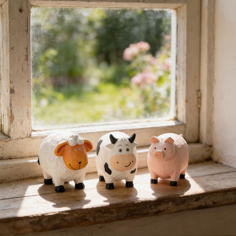 Handgeschnitzte hölzerne Bauernhof Tierfiguren Schwein Schaf Kuh Zebra Giraffe Dekor, 5,6 cm Länge, 7,9 cm Breite, 8,7 cm Höhe