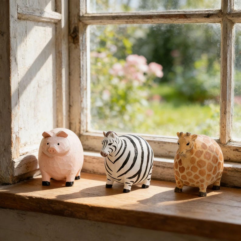 Handgeschnitzte hölzerne Bauernhof Tierfiguren Schwein Schaf Kuh Zebra Giraffe Dekor, 5,6 cm Länge, 7,9 cm Breite, 8,7 cm Höhe