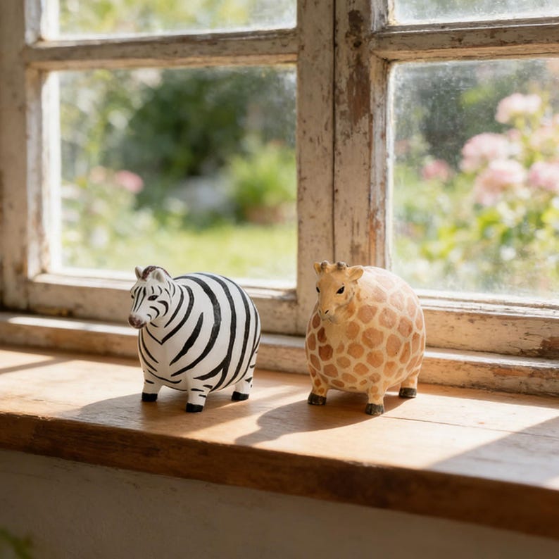 Handgeschnitzte hölzerne Bauernhof Tierfiguren Schwein Schaf Kuh Zebra Giraffe Dekor, 5,6 cm Länge, 7,9 cm Breite, 8,7 cm Höhe