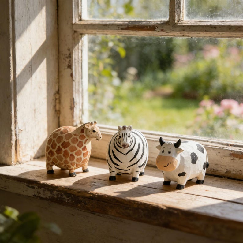 Handgeschnitzte hölzerne Bauernhof Tierfiguren Schwein Schaf Kuh Zebra Giraffe Dekor, 5,6 cm Länge, 7,9 cm Breite, 8,7 cm Höhe