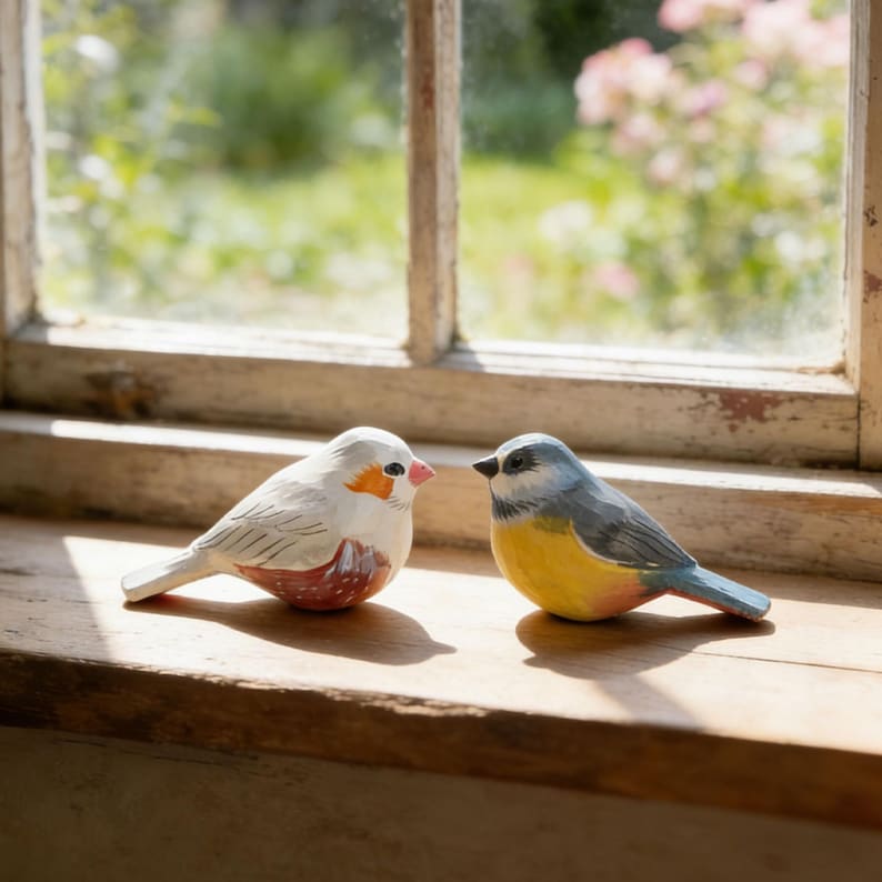 Handgeschnitzte hölzerne Vogelfigur, Miniatur, handbemalt, Cottagecore Dekoration