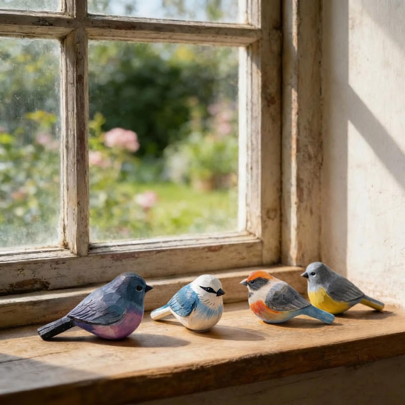 Handgeschnitzte hölzerne Vogelfigur, Miniatur, handbemalt, Cottagecore Dekoration