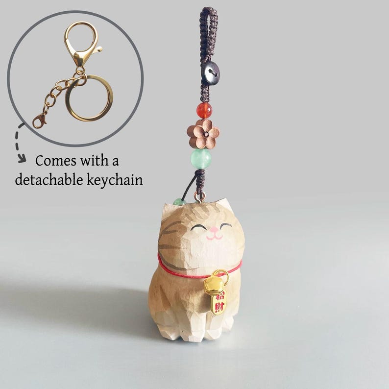 Handgeschnitzte große Katze aus Holz Schlüsselbund, handbemalte Figur, Taschenanhänger, Haustier Schlüsselbund, handgemachte Schmuckstücke
